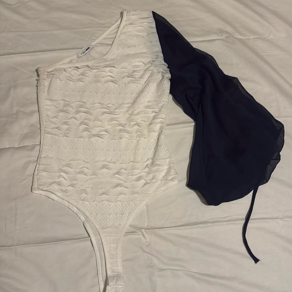 One Shoulder White/ Navy Combo Bodysuit